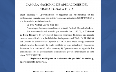 LA JUSTICIA LABORAL SUSPENDIÓ LA APLICACIÓN DEL DNU 70/2023
