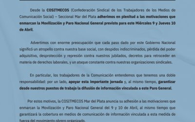 Movilización y Paro del 9 y 10 de Abril: Comunicado de COSITMECOS – Mar del Plata