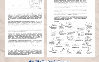 Sindicatos de Prensa de todo el país solicitamos a la Senadora Bullrich participar de la reunión que convocó junto a las cámaras empresariales del sector